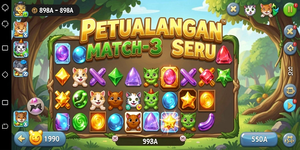 Tampilan gameplay 898A dengan simbol berwarna-warni dalam tantangan Match-3.