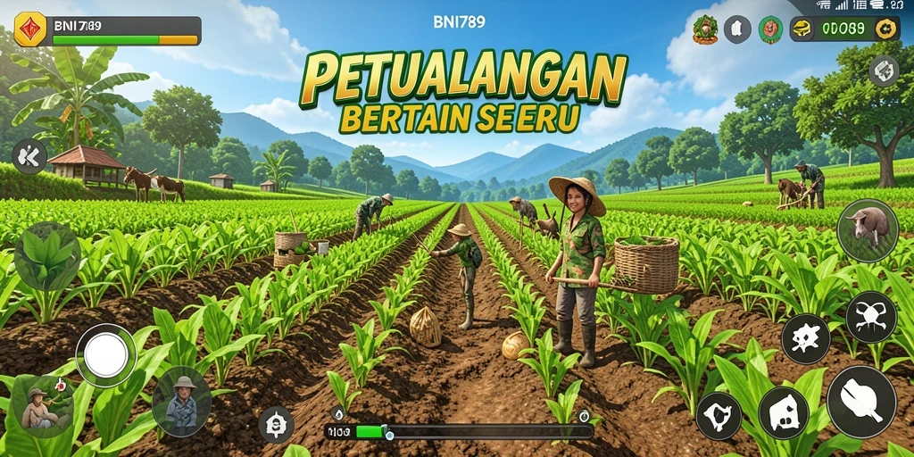 Screenshot gameplay BNI789 menunjukkan aktivitas bertani yang menyenangkan.