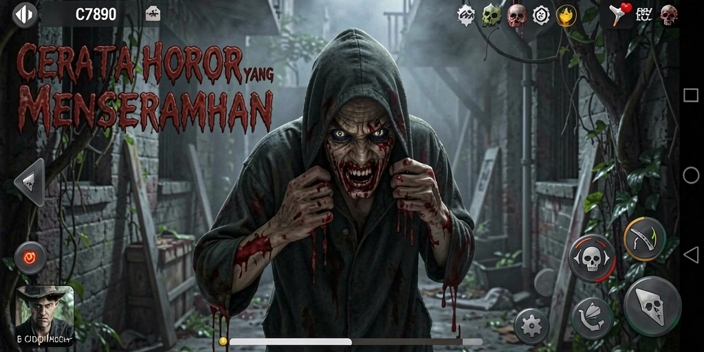Screenshot gameplay C7890 menampilkan suasana horor yang mencekam.