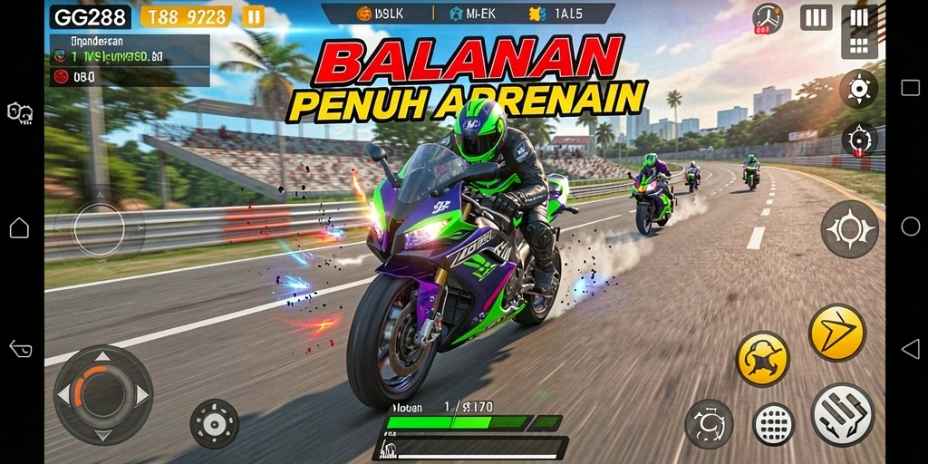 Screenshot dari gameplay GG288 yang menampilkan balapan motor mendebarkan.