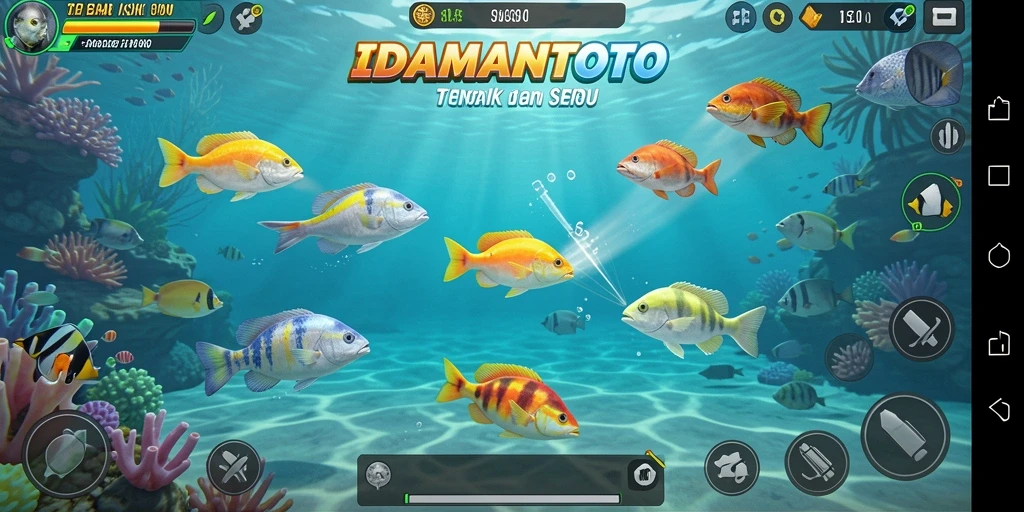 Tampilan gameplay menarik dari <strong>IDAMANTOTO</strong> dengan banyak ikan berwarna-warni.