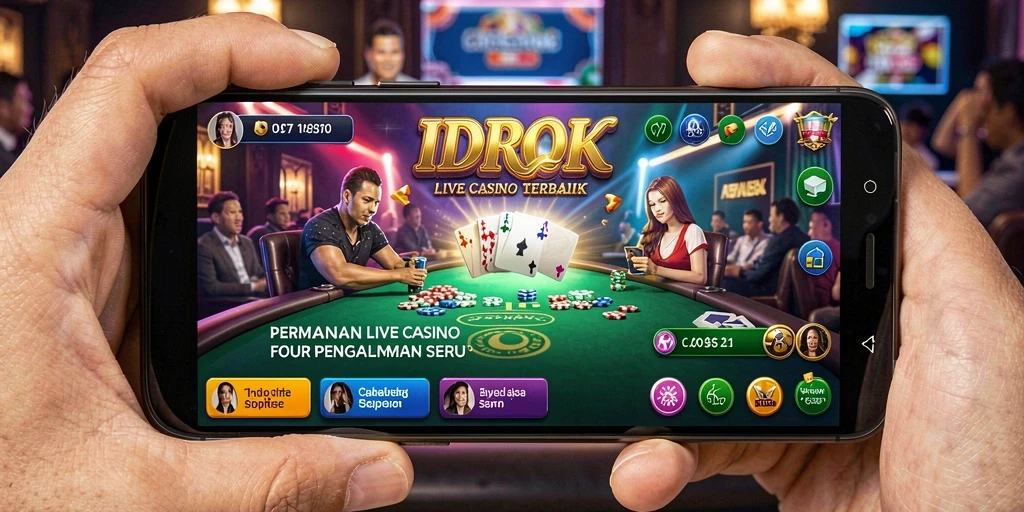 Screenshot gameplay IDROK menunjukkan dealer langsung yang ramah dan suasana permainan Live Casino.