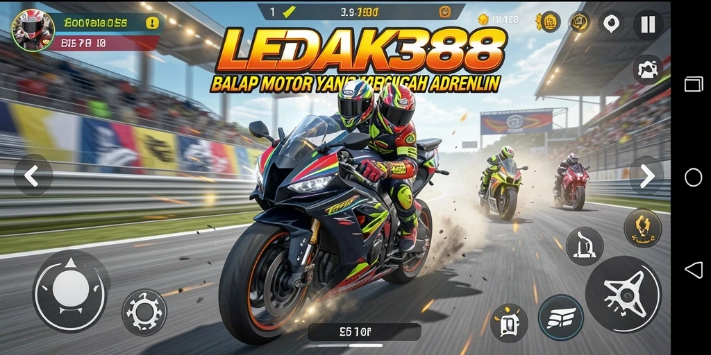 Tangkapan layar utama LEDAK388 menampilkan aksi balap motor yang mendebarkan.