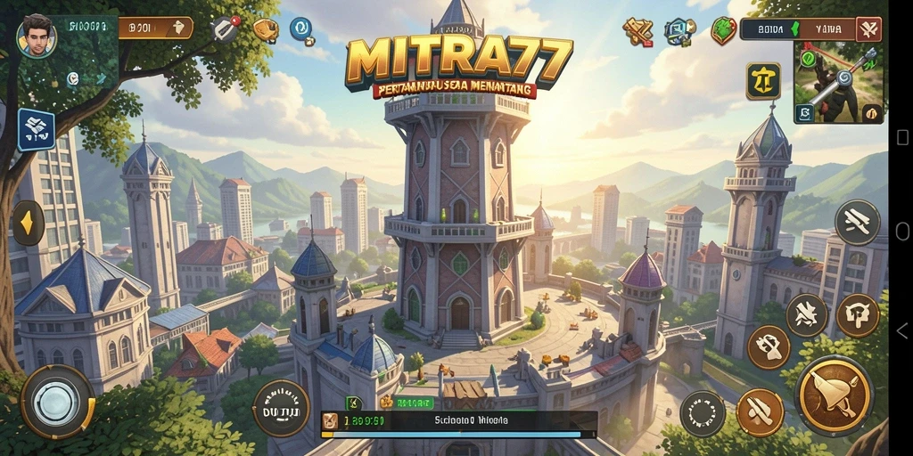 Screenshot gameplay MITRA77 menampilkan aksi strategi Tower Defense yang intens.