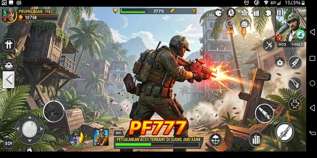 Screenshot utama PF777 menampilkan aksi mendebarkan di berbagai level.