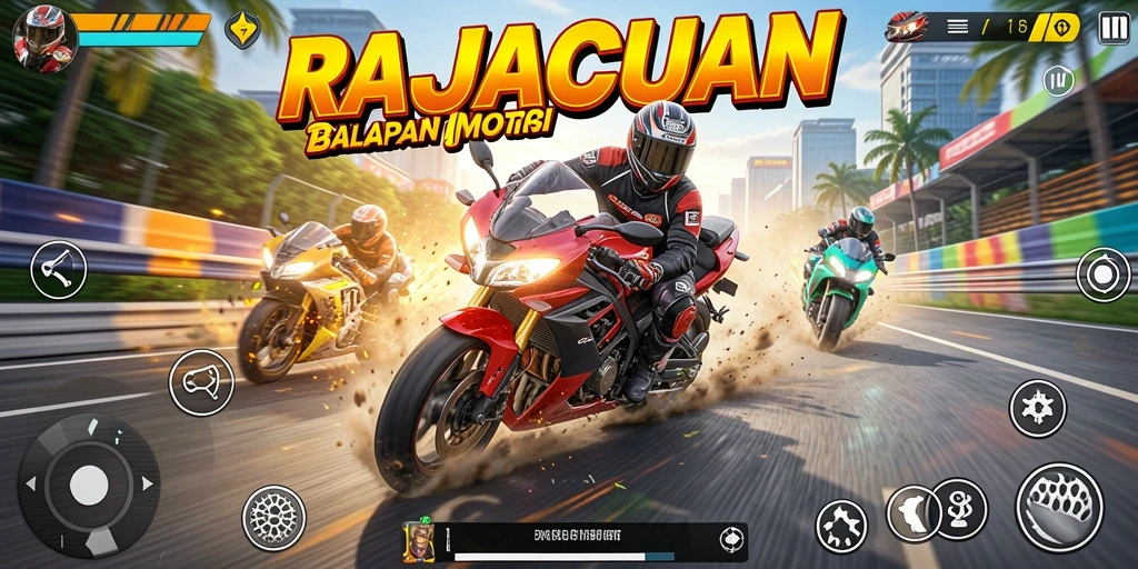 Screenshot menunjukkan aksi balapan motor di RAJACUAN dengan grafis memukau.