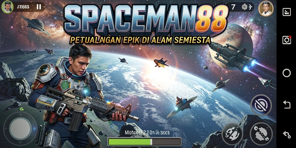 Tangkapan layar gameplay SPACEMAN88 yang menunjukkan pertempuran epik di luar angkasa.